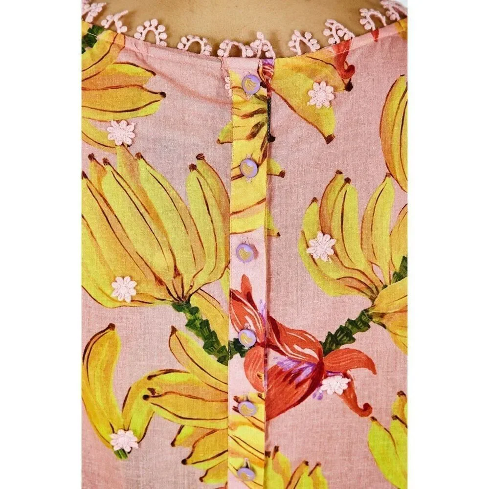 Anthropologie Farm Rio Banana Taste Applique Puff Sleeve Blouse Pink Small S NEW
